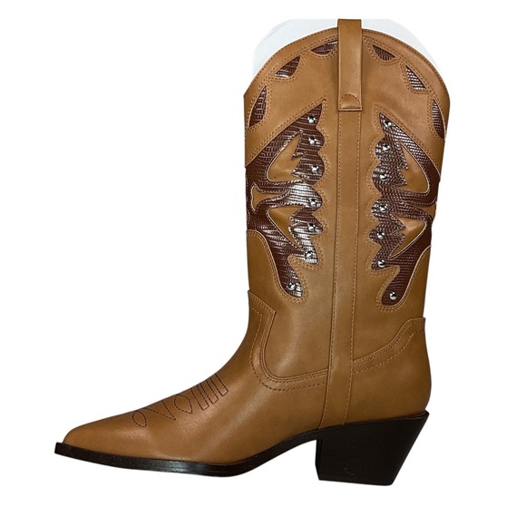 Madden Girl Shoes - Western Studded Cowboy Boots Women Size 7.5 Tan Brown Faux Leather Madden Girl